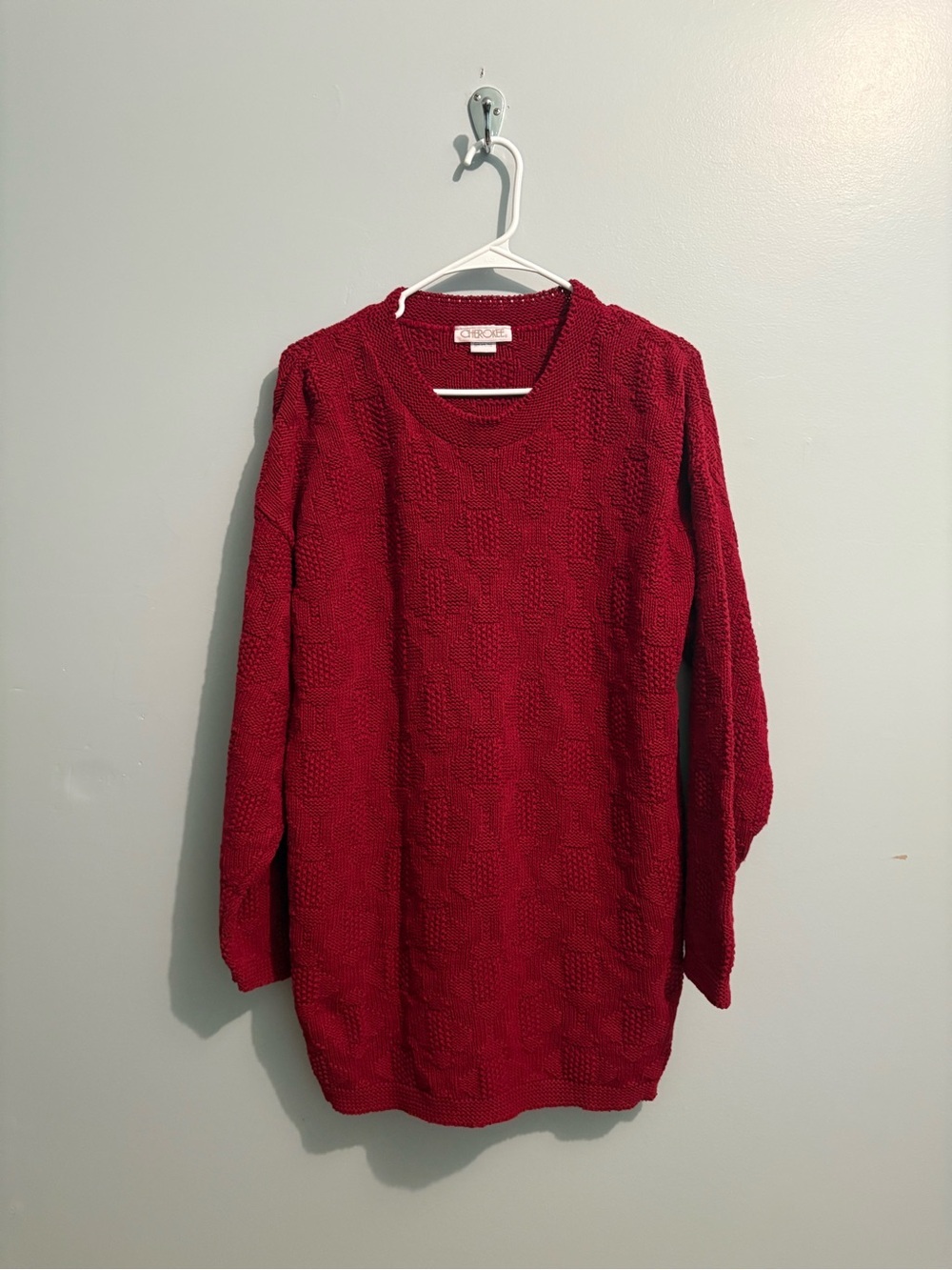 Vintage Cherokee Deep Red Knit Tunic Crewneck Sweater Oversized 100% Cotton Med
